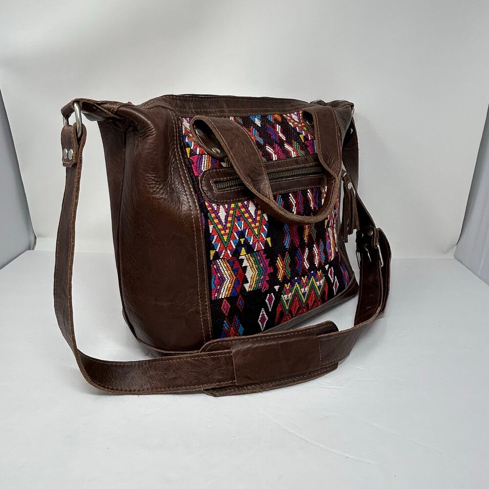 Large Handbag Crossbody Guatelmalan Leather Embroidered Colorful Huipil Artisan - Picture 3 of 11